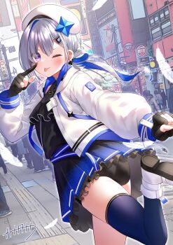 1girl ;p akanbe amane_kanata amane_kanata_(work) angel_wings ass belt beret bike_shorts bike_shorts_under_skirt black_dress black_gloves black_shorts blue_belt blue_hair blue_thighhighs boots colored_inner_hair commentary_request crowd day dress eyelid_pull faubynet feathered_wings frilled_dress frills from_behind gloves grey_hair hair_ornament hair_rings hairclip hat highres hololive jacket long_hair long_sleeves looking_at_viewer looking_back low_twintails mini_wings multicolored_hair official_alternate_costume one_eye_closed outdoors partially_fingerless_gloves pink_streaks puffy_long_sleeves puffy_sleeves purple_eyes running short_dress shorts single_hair_intake single_thighhigh solo streaked_hair thighhighs tongue tongue_out twintails virtual_youtuber white_boots white_hat white_jacket white_wings wings