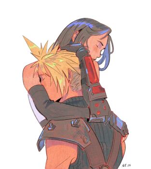 1boy 1girl armor ashlena_sharma bare_shoulders black_gloves black_hair blonde_hair blush closed_eyes commentary couple crop_top elbow_gloves english_commentary final_fantasy final_fantasy_vii final_fantasy_vii_rebirth final_fantasy_vii_remake gloves hand_on_another's_head highres hug long_hair ribbed_sweater short_hair shoulder_armor single_arm_guard sleeveless sleeveless_turtleneck spiked_hair sweater tank_top turtleneck turtleneck_sweater upper_body white_background white_tank_top