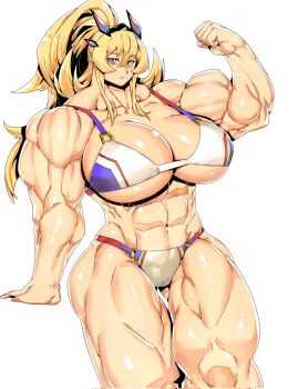 1girl abs alternate_hairstyle bare_shoulders barghest_(fate) barghest_(swimsuit_archer)_(final_ascension)_(fate) biceps bikini blonde_hair blush breasts cleavage fate/grand_order fate_(series) flexing green_eyes high_ponytail highres horns huge_breasts long_hair looking_at_viewer minew multicolored_bikini muscular muscular_female navel ponytail solo swimsuit thick_thighs thighs white_bikini