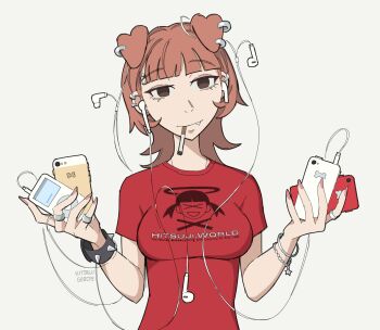 Rule 34 | 1girl, absurdres, animal ear piercing, animal ears, artist name, bracelet, breasts, brown eyes, brown hair, cellphone, cigarette, dog ears, dog girl, earbuds, earphones, earrings, english text, extra ears, fang, highres, hitsuji (hitsujigoods), holding, holding phone, iphone, ipod, jewelry, looking at viewer, medium breasts, medium hair, mitsu (hitsujigoods), mp3 player, original, phone, red nails, red shirt, shirt, simple background, smartphone, smoking, spiked bracelet, spikes, t-shirt, upper body, white background, wireless earphones