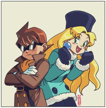 1boy 1girl blonde_hair blush blush_stickers border brown_coat brown_hair coat crossed_arms earrings frown fur_hat green_eyes hat highres jewelry kalinka_cossack_(mega_man) mega_man_(classic) mega_man_(series) mega_man_4 mega_man_megamix mittens open_mouth proto_man rockman_xover ryan_jampole signature smile sunglasses ushanka white_border winter_clothes