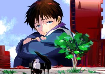 Rule 34 | 2boys, arms on knees, black hair, blue eyes, closed mouth, crying, grand piano, ikari shinji, instrument, jacket, knees to chest, looking at viewer, male focus, multiple boys, nagisa kaworu, neon genesis evangelion, piano, rebuild of evangelion, short hair, sitting, tears, tree, yaoi, yorumi1117