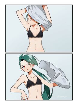 1girl ahoge androgynous asymmetrical_bangs black_bra bra breasts bright_pupils closed_eyes clothes_lift collarbone flat_chest genjitsu_o_miro green_hair grey_shirt highres long_hair nintendo one_eye_closed pokemon pokemon_sv ponytail red_eyes reverse_trap rika_(pokemon) shirt short_sleeves underwear undressing white_pupils