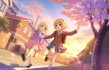 2girls backpack bag blazer blonde_hair brown_eyes brown_hair building buttons cable cherry_blossoms cloud falling_petals game_cg green_eyes hairband idolmaster idolmaster_cinderella_girls idolmaster_cinderella_girls_starlight_stage jacket koga_koharu leaf low_twintails multiple_girls neck_ribbon official_art open_mouth petals plaid_clothes plaid_skirt ribbon road road_sign sign skirt street sunset twintails window yusa_kozue