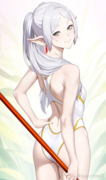 1girl ass back bare_shoulders breasts earrings elf frieren green_eyes grey_hair highleg highleg_one-piece_swimsuit highres jewelry long_hair looking_at_viewer looking_back one-piece_swimsuit parted_bangs pointy_ears small_breasts smile solo sousou_no_frieren staff swimsuit thighs twintails white_one-piece_swimsuit zucchini