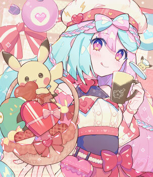 Rule 34 | 1girl, alternate costume, aqua hair, bare shoulders, basket, bellibolt, beret, blush, bow, bow-shaped hair, box, breasts, buttons, chocolate, closed mouth, commentary request, cup, double-breasted, food, gen 1 pokemon, hair between eyes, haru (haruxxe), hat, heart, heart-shaped box, heart-shaped food, highres, holding, holding cup, iono (pokemon), long hair, looking at viewer, magnemite, multicolored hair, nintendo, pikachu, pink eyes, pink hair, pokemon, pokemon sv, red bow, small breasts, smile, tongue, tongue out, two-tone hair, valentine, watermark, white hat