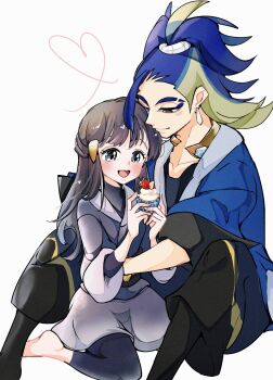 1boy 1girl adaman_(pokemon) akari_(pokemon) black_hair black_pants black_pantyhose black_sash black_shirt blue_coat blue_hair blush brown_eyes closed_mouth coat cocoa_s3 collarbone commentary cupcake earrings eyebrow_cut food galaxy_expedition_team_survey_corps_uniform green_hair grey_eyes grey_jacket heart highres holding hug jacket jewelry long_hair multicolored_hair neck_ring nintendo open_mouth pants pantyhose pokemon pokemon_legends:_arceus sash shirt sidelocks sitting smile symbol-only_commentary wariza