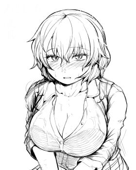1girl blush breasts cleavage collared_shirt commentary_request greyscale hair_between_eyes kazami_yuuka large_breasts looking_at_viewer monochrome open_mouth sadahiro_(chicken_nugget_gyuuniku_aji) shirt short_hair simple_background sketch solo sweat touhou upper_body