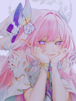 1girl absurdres cyrene_(honkai:_star_rail) cyrene_(ripples_of_past_reverie)_(honkai:_star_rail) diamond-shaped_pupils diamond_(shape) dress flower grey_background hair_flower hair_ornament halo hashtag-only_commentary highres honkai:_star_rail honkai_(series) ieririr long_hair looking_at_viewer multicolored_hair pink_hair purple_eyes smile solo symbol-shaped_pupils two-tone_hair very_long_hair white_dress white_hair