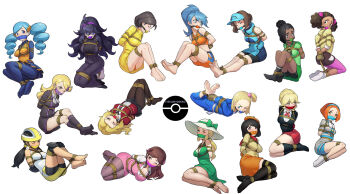 6+girls ace_trainer_(female)_(pokemon_bw) ace_trainer_(female)_(pokemon_xy) ace_trainer_(pokemon) ahoge arms_behind_back artist_name barefoot battle_girl_(pokemon) beret bike_shorts black_hair black_socks black_sweater blonde_hair blue_hair blue_hairband blue_jacket blue_pants blue_vest bow breasts brown_hair brown_shorts buttons chinese_commentary coat collared_shirt commentary_request dress feet gag gagged green_bow green_dress green_shirt green_skirt hair_ornament hairband hairclip hat hat_bow helmet hex_maniac_(pokemon) hex_maniac_(pokemon_xy) highres improvised_gag jacket knee_pads knees lady_(pokemon) lass_(pokemon) lass_(pokemon_swsh) lass_(pokemon_xy) leggings long_hair looking_down lying multiple_girls ninja-gokko nintendo office_worker_(pokemon) on_back orange_hair orange_hat orange_panties orange_skirt orange_sports_bra orange_vest panties pants pantyhose parasol_lady_(pokemon) pink_dress pink_leggings pleated_skirt pokemon pokemon_bw pokemon_oras pokemon_sm pokemon_swsh pokemon_xy ponytail purple_hairband raincoat red_jacket red_skirt rising_star_(pokemon) roller_skater_(pokemon) schoolgirl_(pokemon) shirt short_hair shorts simple_background skirt sleeveless sleeveless_shirt socks sports_bra sun_hat sweater swept_bangs tape tape_gag thighhighs toes tourist_(pokemon) twintails underwear vest visor_cap white_background yellow_coat yellow_helmet yellow_raincoat yellow_shirt