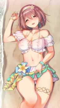 1girl akino_komichi beach bead_bracelet beads blue_nails blush bob_cut bracelet breasts brown_eyes brown_hair cleavage clothes_lift collarbone crop_top flower from_above gluteal_fold gold_hairband green_skirt hair_between_eyes hair_flower hair_ornament hairband head_tilt highres ibuki_nagisa idoly_pride jewelry knee_up legs_together lifting_own_clothes looking_at_viewer lying medium_breasts medium_hair microskirt midriff nail_polish navel ocean off-shoulder_shirt off_shoulder on_back open_mouth panties polka_dot polka_dot_skirt raised_eyebrows sand shirt sidelocks skirt skirt_lift solo teeth thick_thighs thigh_gap thighlet thighs underwear upper_teeth_only water white_panties white_shirt x_hair_ornament yellow_flower