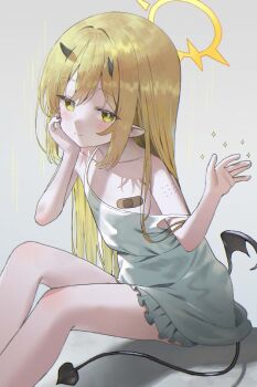 absurdres bandaid blonde_hair blue_archive blush demon_girl demon_horns demon_tail demon_wings dress flat_chest hair_down halo hand_up highres horns ibuki_(blue_archive) long_hair looking_at_viewer merong_(sou47897) no_bra pointy_ears smile tail white_dress wings yellow_eyes