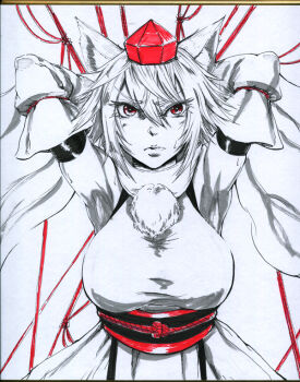 1girl animal_ear_fluff animal_ears black_sash breasts closed_mouth commentary_request detached_sleeves hair_between_eyes hane_(azelye) hat inubashiri_momiji large_breasts long_bangs looking_at_viewer obi pom_pom_(clothes) red_eyes red_hat red_rope rope sash shikishi shirt short_hair sleeveless sleeveless_shirt solo tokin_hat touhou turtleneck turtleneck_shirt upper_body v-shaped_eyebrows white_hair white_sleeves wolf_ears wolf_girl