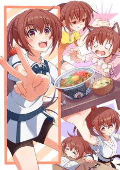 1girl :d ^_^ absurdres alternate_costume animal_ears arm_up bike_shorts black_ribbon black_sash black_shorts blush blush_stickers border bow breasts brown_eyes brown_hair casual chop closed_eyes closed_mouth commentary cowboy_shot dog_ears english_commentary extra_ears food frown furrowed_brow glasses hair_between_eyes hair_bobbles hair_bow hair_ornament happy highres hood hoodie jitome kawakami_kazuko long_hair long_sleeves looking_at_viewer maji_de_watashi_ni_koi_shinasai! motion_lines multiple_views neck_ribbon noodles o_o open_mouth orange_border outside_border outstretched_arm outstretched_arms pink_hoodie ponytail ramen red_bow ribbon sash school_uniform shaded_face shirt short_sleeves shorts simple_background small_breasts smile split_mouth tareme tea_ramisu teeth unworn_eyewear upper_teeth_only upturned_eyes v v-shaped_eyebrows very_long_hair wavy_mouth white_background white_shirt yellow_shirt yurie_mouth zipper