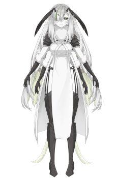 1girl absurdres antennae arthropod_girl bad_link black_sclera breasts colored_sclera colored_skin extra_arms garter_straps green_eyes green_hair hair_over_one_eye highres indie_virtual_youtuber insect_girl insect_wings juniper_(artist) juniper_actias juniper_actias_(1st_costume) large_breasts light_smile long_hair monster_girl moth_antennae moth_girl moth_hair_ornament moth_wings multicolored_hair official_art reference_sheet short_eyebrows solo streaked_hair very_long_hair virtual_youtuber white_background white_hair white_skin wings