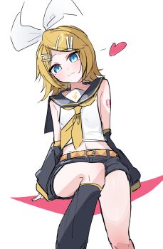1girl :3 arm_support arm_tattoo belt black_leg_warmers black_sailor_collar black_shorts black_sleeves blonde_hair blue_eyes blush bow closed_mouth commentary_request crop_top cropped_shirt detached_sleeves flat_chest hair_bow hair_ornament hairclip heart highres kagamine_rin leg_warmers looking_at_viewer midriff neckerchief number_tattoo parallel_hairclips raised_inner_eyebrows sailor_collar shirt short_hair short_shorts shorts simple_background sitting sleeveless sleeveless_shirt smile solo tattoo thinker25075754 treble_clef vocaloid white_background white_bow white_shirt yellow_belt yellow_neckerchief yellow_trim