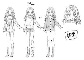 1girl :d absurdres collarbone collared_shirt denim denim_skirt dolphin_shorts drawstring fang forehead freckles futari_escape greyscale highres hood hood_down hooded_jacket jacket monochrome multiple_views no_shoes open_clothes open_jacket open_mouth parted_bangs plaid_clothes plaid_shirt senpai_(futari_escape) shirt short_shorts shorts simple_background skirt smile socks somechime_(sometime1209) standing striped_clothes striped_shirt striped_socks sweater translation_request white_background