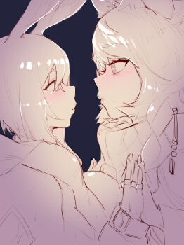 2girls absurdres amiya_(arknights) animal_ears arknights barbed_tongue blush braid bright_pupils eye_contact highres hitobashira_(1746164306) jewelry kiss_focus limited_palette lips long_hair looking_at_another multiple_girls palms_together pramanix_(arknights) rabbit_ears rabbit_girl ring short_hair size_difference sketch snow_leopard_ears snow_leopard_girl turtleneck yuri