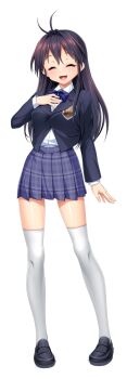 1girl :d ^_^ aikawa_haruno antenna_hair black_hair black_jacket blazer blue_skirt blush bow bowtie breasts closed_eyes emblem facing_viewer full_body game_cg hand_on_own_chest jacket kamitsurugi_ouka kouyoku_senki_exs-tia_concert loafers long_hair long_sleeves medium_breasts non-web_source official_art open_mouth plaid_bow plaid_clothes plaid_skirt pleated_skirt purple_skirt school_emblem school_uniform shirt shoes skirt smile solo standing thighhighs transparent_background variant_set white_shirt white_thighhighs zettai_ryouiki