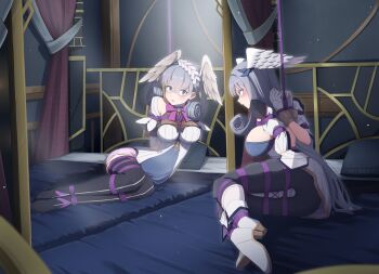 2girls bound captured grey_hair head_wings highres melia_antiqua multiple_girls on_bed rope sex_toy vibrator wings xenoblade_chronicles:_future_connected xenoblade_chronicles_(series) xenoblade_chronicles_1 xenoblade_chronicles_3
