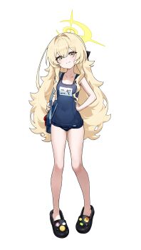 1girl absurdres alternate_costume b1n_(b1n982079) bare_legs bare_shoulders black_bow blonde_hair blue_archive blue_bag blue_one-piece_swimsuit blush bow breasts closed_mouth covered_navel crocs dot_nose fingernails green_eyes hair_between_eyes hair_bow half-closed_eyes halo hand_on_own_hip highres loli long_hair old_school_swimsuit one-piece_swimsuit professor_niyaniya_(blue_archive) school_swimsuit simple_background small_breasts smile solo sweatdrop swimsuit thighs very_long_hair wavy_hair white_background yellow_halo