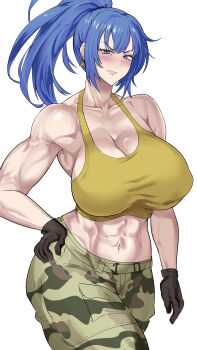 1girl abs bare_shoulders blue_eyes blue_hair breasts cleavage crop_top earrings female_focus large_breasts leona_heidern matching_hair/eyes muscular muscular_female parted_lips ponytail sato_one1 sleeveless snk solo tank_top teeth the_king_of_fighters the_king_of_fighters_xv triangle_earrings yellow_tank_top