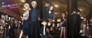 6+boys 6+girls agasa_hiroshi amuro_tooru baseball_cap beard black-framed_eyewear black_hair black_hat black_pants black_shirt blonde_hair blue_eyes blue_pants character_request chianti_(meitantei_conan) child closed_mouth coffee commentary_request crossed_arms cup drinking drinking_straw edogawa_conan facial_hair food gin_(meitantei_conan) green_eyes grey_skirt haibara_ai hair_over_eyes hand_in_pocket hat highres holding holding_cup holding_food holding_napkin holding_tray indoors jodie_starling kojima_genta korn_(meitantei_conan) kuroda_hyoue leaning_back long_hair looking_at_another looking_to_the_side meitantei_conan mouri_kogoro mouri_ran multiple_boys multiple_girls nail_polish open_mouth orange_hair pants pocket popcorn purple_eyes shirt short_hair sitting skirt soda sooma4869 squatting standing striped_clothes sunglasses suzuki_sonoko talking translation_request tray tsuburaya_mitsuhiko vodka_(meitantei_conan) white_hair wiping_face yoshida_ayumi