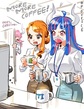 1boy 2girls alternate_costume alternate_hairstyle blue_hair blue_skirt breasts brown_eyes brown_skirt coffee coffee_mug collared_shirt commentary cowboy_shot cup hair_bun horns id_card large_breasts light_blush long_hair lowres mask mouth_mask mug multiple_girls nami_(one_piece) office office_lady one_piece open_mouth orange_hair pink_eyes pink_hair raine_(acke2445) shirt sidelocks single_sidelock skirt symbol-only_commentary ulti_(one_piece) white_shirt who&#039;s_who_(one_piece)