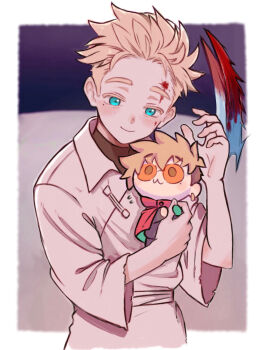 Rule 34 | 1boy, aqua eyes, arm up, arms up, black shirt, blonde hair, blood, blood on face, bloody weapon, blush, border, character doll, closed mouth, coat, collared coat, commentary request, cowboy shot, doll, highres, long sleeves, male focus, millions knives, mixed-language commentary, multilingual commentary, one737428390075, orange-tinted eyewear, red coat, round eyewear, shirt, short sideburns, sideburns, smile, tinted eyewear, trigun, trigun stampede, undercut, vash the stampede, weapon, white border, wing collar