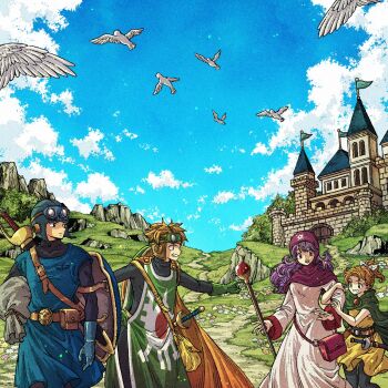 2boys 2girls belt bird black_bodysuit blonde_hair blue_gloves blue_hat blue_sky blue_tunic bodysuit bow brother_and_sister cape castle cloud cloudy_sky commentary_request cousins curly_hair dragon_quest dragon_quest_ii dress feet_out_of_frame gloves goggles goggles_on_headwear grass green_gloves green_tabard hair_bow hat high_ponytail highres holding holding_staff long_hair long_sleeves looking_at_another multiple_boys multiple_girls orange_cape outdoors ponytail prince_of_lorasia prince_of_samantoria princess_of_moonbrook princess_of_samantoria purple_hair robe sheath sheathed shield short_hair siblings sky staff sword tabard toriga tunic turtleneck turtleneck_bodysuit weapon white_bird white_robe yellow_dress