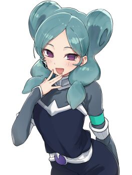 Rule 34 | 1girl, aqua hair, belt, beta (inazuma eleven), blue pants, blue vest, blush, bodysuit, border, breasts, commentary, commission, english commentary, finger to mouth, grey bodysuit, highres, inazuma eleven (series), inazuma eleven go, inazuma eleven go chrono stone, long sleeves, looking at viewer, medium breasts, motyomotyo rsg4, no pupils, open mouth, pants, purple eyes, skeb commission, smile, solo, vest, white background, white belt