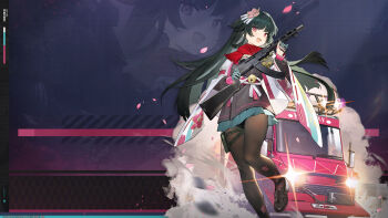 Rule 34 | 1girl, :d, absurdres, artist request, black pantyhose, full body, girls' frontline, girls' frontline 2: exilium, gloves, green hair, gun, hair ornament, half gloves, highres, holding, holding gun, holding weapon, long hair, looking at viewer, motor vehicle, official art, official wallpaper, open mouth, pantyhose, ppsh-41, red scarf, sakura (girls' frontline 2), scarf, second-party source, smile, solo, submachine gun, truck, type 100 (girls' frontline), weapon