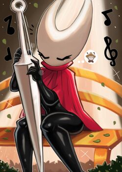 1girl absurdres arthropod_girl bench black_skin character_request cloak closed_eyes colored_skin highres holding holding_instrument holding_needle holding_weapon hollow_knight hollow_knight:_silksong hornet_(hollow_knight) horns instrument leaf music musical_note needle needle_(hollow_knight) playing_instrument red_cloak sitting sparkle speech_bubble spoken_character spotlight thought_bubble tony_welt treble_clef weapon white_mask