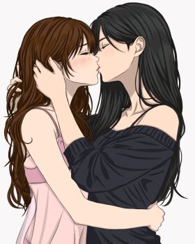 2girls black_hair black_sweater blush bra_strap brown_hair closed_eyes commentary_request couple from_side hand_in_another's_hair hand_on_another's_back hand_on_another's_head highres kiss lingerie long_hair m-s-m-p multiple_girls negligee off-shoulder_sweater off_shoulder original pink_negligee profile simple_background straight_hair sweater underwear upper_body white_background yuri