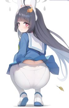 1girl absurdres animal_ears ass black_hair blue_archive blue_shirt blue_skirt blunt_bangs bright_pupils clothes_lift fake_animal_ears from_behind highres leaf leaf_on_head long_hair looking_at_viewer looking_back miyu_(blue_archive) panties panties_under_pantyhose pantyhose rabbit_ears red_eyes revision school_uniform shirt shoes simple_background skirt skirt_lift solo sorozukin squatting tareme underwear white_background white_panties white_shoes wind wind_lift