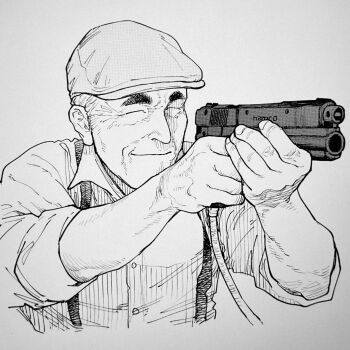 1boy ajin_(sakurai_gamon) newsboy_cap closed_eyes closed_mouth controller cropped_torso flat_cap game_controller greyscale hands_up hat highres holding holding_controller holding_game_controller holding_toy_gun light_gun male_focus mature_male monochrome namco newsboy_cap old old_man sakurai_gamon satou_(ajin) shirt solo suspenders toy_gun