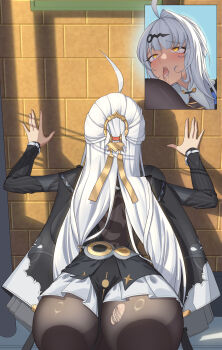 1girl absurdres against_wall ahegao ahoge ass black_jacket black_pantyhose blush from_behind grey_hair hair_ornament highres implied_sex jacket long_hair long_sleeves official_alternate_costume pantyhose saliva shixi tongue tongue_out torn_clothes torn_pantyhose very_long_hair yellow_eyes yixuan_(trails_of_ink)_(zenless_zone_zero) yixuan_(zenless_zone_zero) zenless_zone_zero