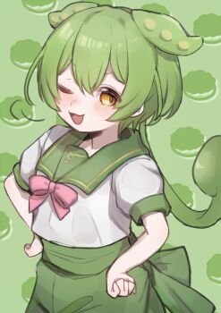 Rule 34 | 1girl, :3, animal ears, arazan (ara arazan24), back bow, blush, bow, commentary request, contrast collar, double-parted bangs, ears down, food-themed background, green background, green hair, green sailor collar, green shorts, hands on own hips, long hair, low ponytail, neck ribbon, one eye closed, open mouth, pea pod, pink ribbon, ponytail, puff of air, puffy short sleeves, puffy sleeves, ribbon, sailor collar, shirt, short sleeves, shorts, smile, solo, tail-shaped hair, upper body, variant set, voicevox, white shirt, yellow eyes, zunda mochi, zundamon