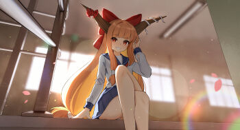 Rule 34 | 1girl, alternate costume, arm support, backlighting, blue sailor collar, blue skirt, blunt bangs, bow, commentary, crossed legs, english commentary, falling petals, grin, hair tubes, hallway, highres, horn bow, horn ornament, horn ribbon, horns, ibuki suika, indoors, long hair, long sleeves, looking at viewer, low-tied long hair, neckerchief, oeyama, oni, orange hair, panties, panty peek, petals, pleated skirt, rainbow, red bow, red eyes, red neckerchief, ribbon, sailor collar, school uniform, serafuku, shirt, sitting, skirt, smile, solo, touhou, underwear, very long hair, white panties, white ribbon, white shirt, window