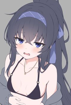 Rule 34 | 1girl, absurdres, bags under eyes, blue archive, blue eyes, blue hair, breasts, highres, kurumi kororin, long hair, looking at viewer, open mouth, ponytail, small breasts, solo, ui (blue archive), ui (swimsuit) (blue archive)