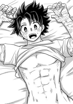 :o abs bed blush boku_no_hero_academia clothes_lift curly_hair freckles guregurepon messy_hair midoriya_izuku nervous on_bed pectorals pov scar shirt shirt_lift