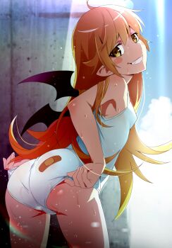 1girl adjusting_clothes adjusting_swimsuit ass ass_focus bandaid bandaid_on_ass bat_wings black_wings blonde_hair blush breasts dripping fang female_focus from_behind gesugesu_ahoaho grin highres legs loli long_hair looking_at_viewer looking_back monogatari_(series) no_bra no_panties one-piece_swimsuit oshino_shinobu sexually_suggestive shiny_skin sleeveless small_breasts smile smirk solo solo_focus swimsuit teeth thighs vampire very_long_hair wet wet_clothes wet_hair wet_swimsuit white_one-piece_swimsuit wings yellow_eyes