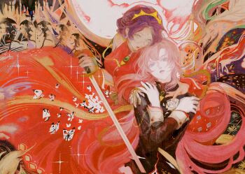 Rule 34 | 2girls, arm around neck, black jacket, blue eyes, crossed arms, dress, flower, glasses, green eyes, hashtag-only commentary, highres, himemiya anthy, holding, holding sword, holding weapon, jacket, long dress, long hair, multiple girls, parted lips, pink hair, purple hair, red dress, red lips, short hair, shoujo kakumei utena, sleeveless, sleeveless dress, sword, tenjou utena, tiara, upper body, weapon, white flower, yud79317724