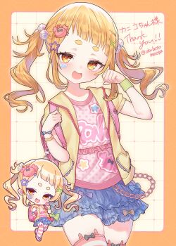 1girl :d absurdres backpack bag blonde_hair blue_skirt blush border chain chibi chibi_inset clothes_writing commentary_request commission cowboy_shot crab_hair_ornament fang frilled_skirt frills hair_ornament hand_up highres jacket long_hair looking_at_viewer miniskirt multiple_views okubatomaeba open_mouth orange_border original outside_border pink_bag pink_shirt shirt short_eyebrows short_sleeves skeb_commission skirt smile star_(symbol) star_hair_ornament twintails wispy_bangs yellow_eyes yellow_jacket