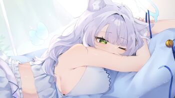 1girl animal_ears arm_rest bare_arms bell blue_halo blue_ribbon blunt_bangs breasts cat_ears cat_girl cat_tail commission covered_mouth crop_top day detached_wings from_side green_eyes grey_hair grey_tail halo hand_on_own_arm head_rest highres indie_virtual_youtuber indoors jingle_bell large_breasts long_hair looking_to_the_side maten_matyu melting_halo mini_wings modusk225 on_bed one_eye_closed outstretched_arm pillow ribbon second-party_source shirt sideboob sleepy sleeveless solo tail upper_body wavy_hair white_shirt wings