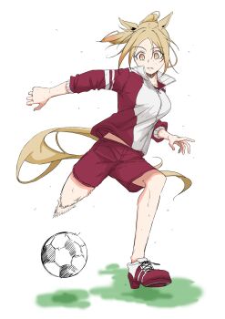 Rule 34 | 1girl, absurdres, animal ears, ball, blonde hair, breasts, commentary, highres, horse ears, horse girl, horse tail, jacket, kicking, medium breasts, narita top road (umamusume), ponytail, red jacket, red shorts, shoes, short hair, shorts, soccer ball, solo, tail, tracen training uniform, track jacket, umamusume, yellow eyes, yukito (yukito85476)