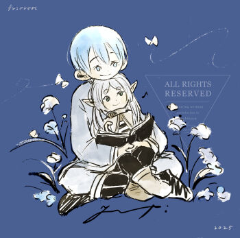 1boy 1girl black_pants blue_background blue_eyes book bug butterfly capelet closed_mouth commentary_request copyright_name cuddling dated dot_nose double-parted_bangs elf forehead frieren green_eyes grey_hair grey_shirt highres himmel_(sousou_no_frieren) holding holding_book indian_style insect kochyan52jp long_sleeves musical_note open_book pants parted_bangs pointy_ears red_eyes shirt short_hair sitting smile sousou_no_frieren striped_clothes striped_shirt very_short_hair watermark white_capelet