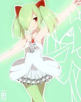 1girl bare_shoulders blush creature_and_personification crossed_legs dress female_focus frills gen_3_pokemon green_hair green_pantyhose hair_over_one_eye highres kirlia looking_at_viewer nintendo outstretched_arms pantyhose personification pokedex_number pokemon red_eyes smile solo spread_arms standing twintails zinpati