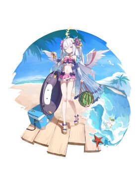 1girl absurdres ahoge arm_at_side azusa_(blue_archive) azusa_(swimsuit)_(blue_archive) bag bare_legs beach bead_necklace beads bikini bikini_skirt bird black_bikini black_bow blue_archive blue_sky bow bow_on_wing commentary crescent_halo crossed_bangs day feathered_wings flower food food-themed_hair_ornament food_print frilled_bikini frills fruit fruit_print full_body hair_between_eyes hair_flower hair_ornament halo hand_up highres holding holding_bag holding_swim_ring innertube jewelry long_hair looking_at_viewer low_wings multicolored_bikini nammmmer navel necklace ocean official_alternate_costume official_alternate_hairstyle one_eye_closed orange_hair_ornament orange_print outdoors peroro_(blue_archive) pink_bikini pink_bow purple_eyes purple_flower sandals seagull sidelocks simple_background sky solo standing starfish stomach strapless strapless_bikini swim_ring swimsuit toes transparent_background two-tone_bikini two_side_up very_long_hair watermelon watermelon_hair_ornament waves white_hair white_wings wings yellow_bow yellow_halo