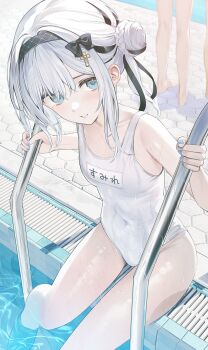 1girl 3girls black_bow black_hairband black_ribbon blue_eyes blue_nails bow braid braided_bun breasts character_name clothes_writing covered_navel cross_hair_ornament grey_hair hair_bow hair_bun hair_ornament hair_ribbon hairband highres kaga_sumire light_smile long_hair looking_at_viewer mole mole_under_eye multiple_girls nakashima_(pluscolor) one-piece_swimsuit one_side_up parted_lips pool pool_ladder poolside ribbon school_swimsuit single_side_bun sitting small_breasts solo_focus swimsuit thighs virtual_youtuber vspo! water wet white_one-piece_swimsuit